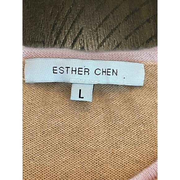 Esther Chen 100% Cashmere Sweater Large Peach Pink Colorblock Crew Neck CozyCore - Picture 5 of 8